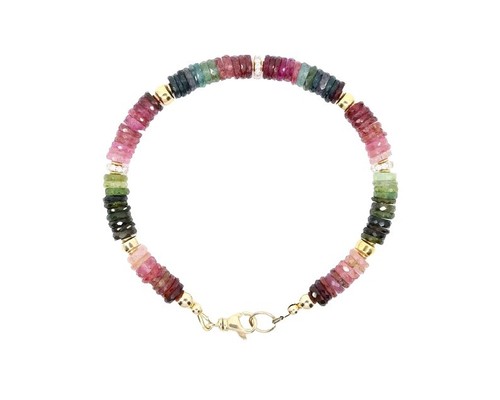 Bracelet Extensible Tourmaline Quartz Rondelle 7 Pouces - Multicolore, Fait Main