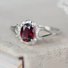 2Ct Oval Cut Lab-Created Garnet Halo Engagement Ring 925 Sterling Silver