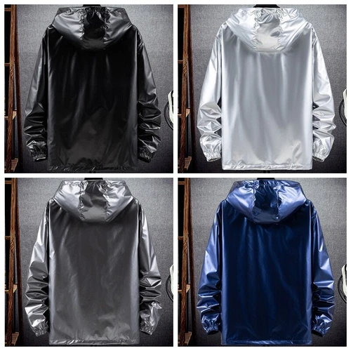 Herren glänzende Jacke Kapuze Mantel holografisch Harajuku Mode Top Freizeit - Bild 10 von 23