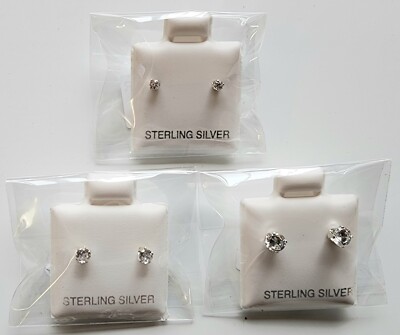 Cubic zirconia Stud Post Earrings 3 pair Lot 925 Sterling Silver 2mm,3mm,4mm