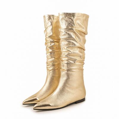 Women's Flat Pointed Toe Pleated Knee High Boots Fold Over Boots
