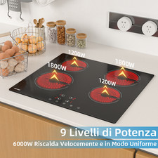 6000W Piano Cottura Elettrico Vetroceramica  Incasso 60cm 4 Fuochi Nero