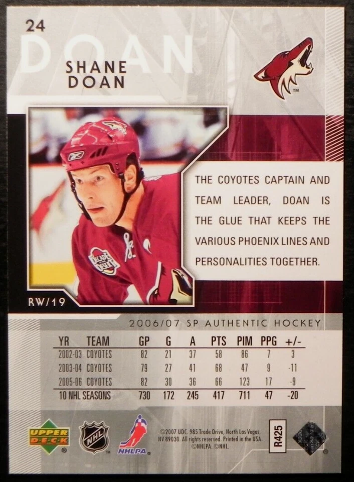 2006-07 06/07 SP Authentic #24 Shane Doan Phoenix Coyotes - Image 2 of 2