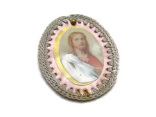 Vintage Handmade Crochet Jesus Charm Religious Patch Pink Gold Laminated