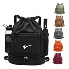 Sport Drawstring Backpack - Gym Bag with Mesh Side Pockets - Separate Black