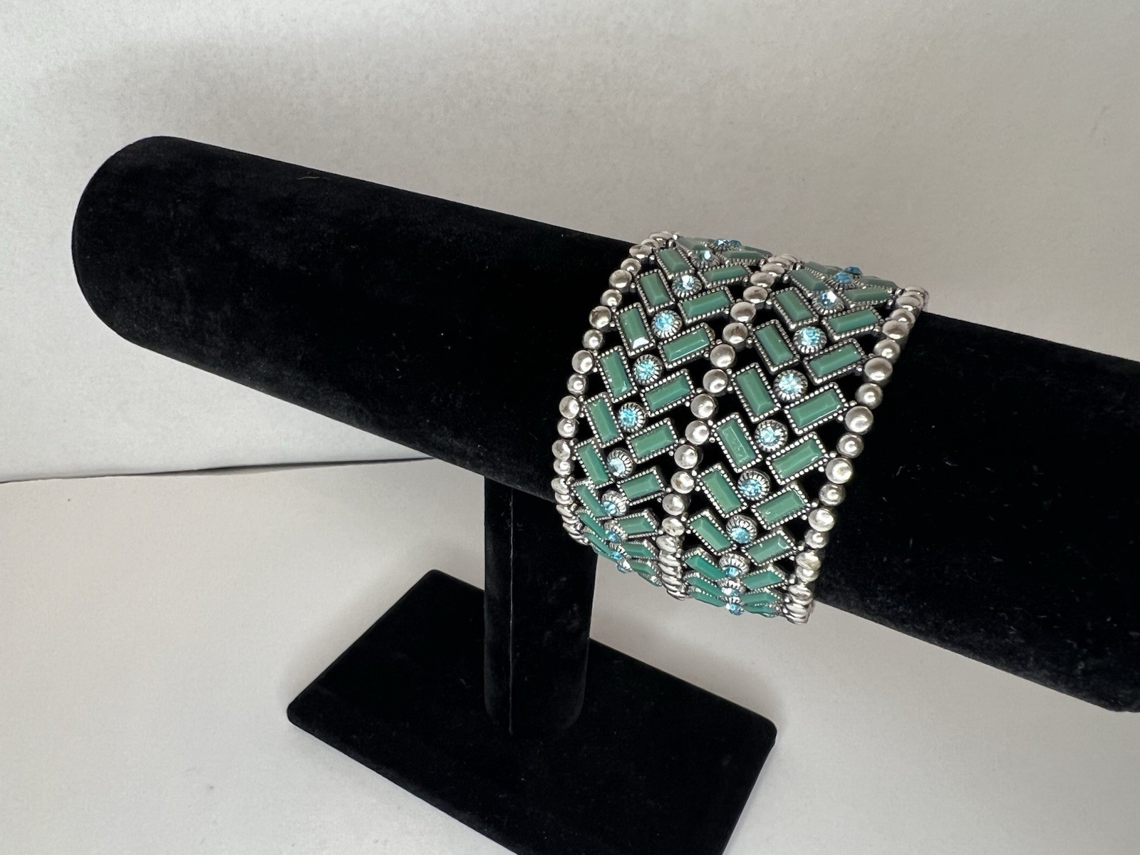 Multi row Silver Turquoise Rhinestone Stretchy Ba… - image 3