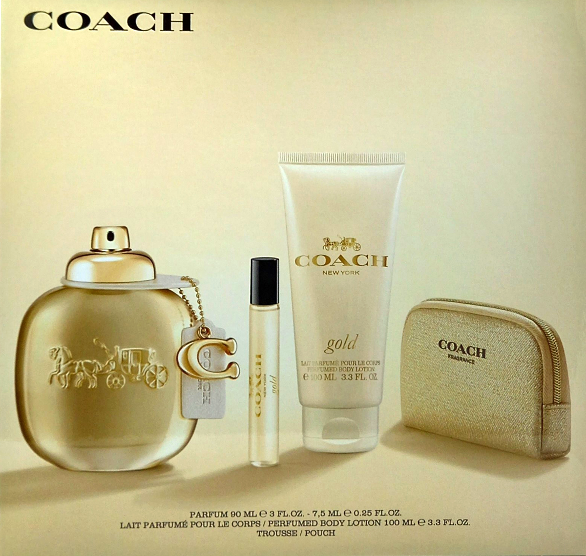 COACH GOLD 4 PCS SET FOR WOMEN PARFUM 3.0 Oz , 0.25 Oz, BODY