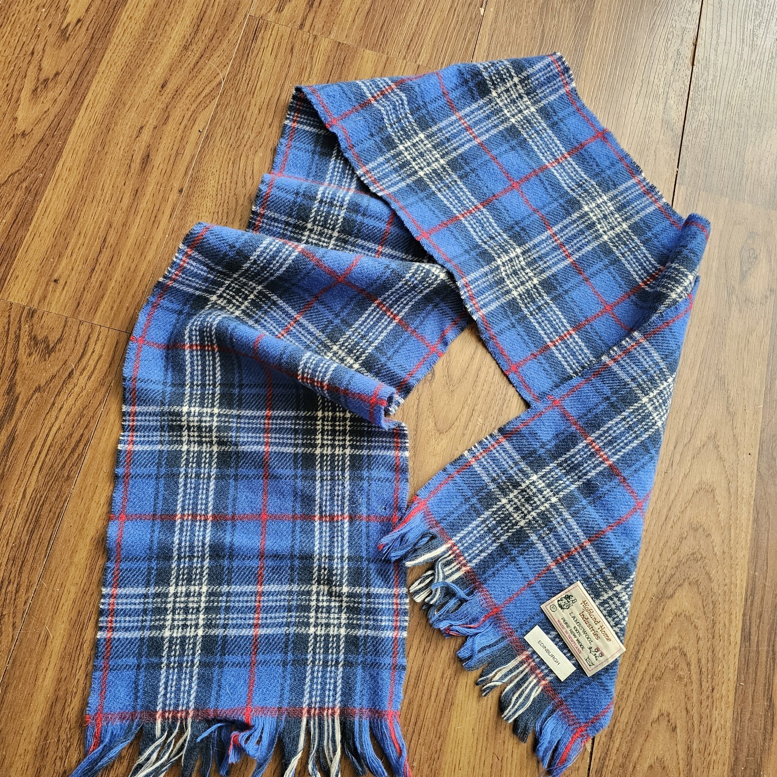Vintage Scottish Lambswool Plaid Scarf in Blue Highland Tartan