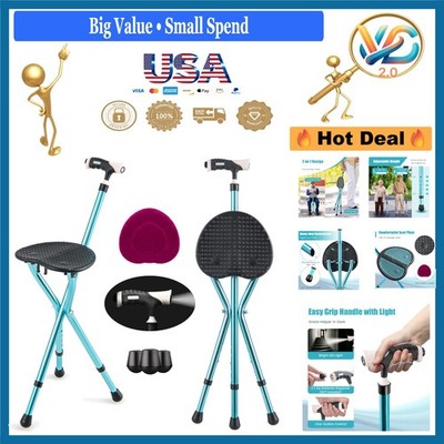 Adjustable Aluminum Walking Cane Seat with LED Light for Seniors Black