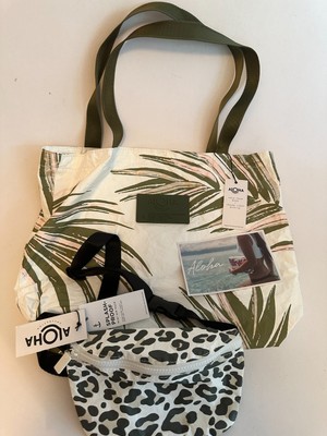 2 New Aloha Collection Splash-Proof Tote Bag Tropical Palms & Snow Leopard Hip