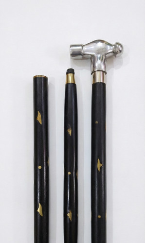 Handcrafted Ball Peen Hammer Walking Stick - 36" Black Cane with Brass Inlay - D
