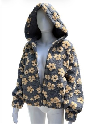 Easel Floral Teddy Jacket Size Small Womens Full Zip Sherpa Loose Fit Hood