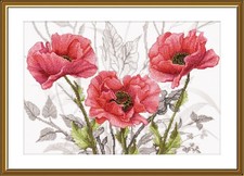 DIY Tinted canvas cross stitch kit "Pink Suite" Poppies Craft Art Unique Gift
