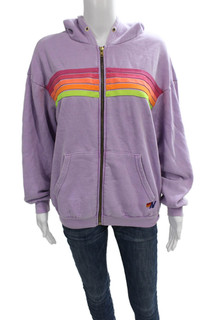 Aviator Nation Women Purple Striped Full Zip Hoodie Long Sleeve Size M