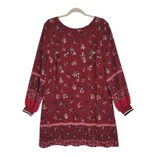 Maurices Tunic Mini Dress Sz XL Burgundy Red Floral Long Sleeve Boho Cottage Y2K