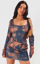 PLT Brown Abstract Rib Corset Seam Square Neck Mini Bodycon Dress Size 4
