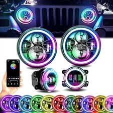 RGB Halo 7" LED Headlights DRL + 4" Fog Combo Kit For Jeep Wrangler JK JKU 2007+