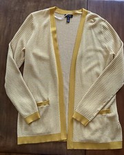 Jones New York Open Front Preppy Lake House Cardigan Sweater Gold & Cream Medium
