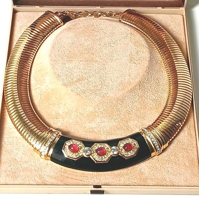 Chr. Dior Statement Collier m. Emaille, Glascabochons (Ruby) & Kristall, 80er J.