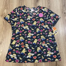 Despicable Me Minions Hearts Pockets Performance Stretch Womens Scrub Top Size M