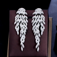 Exaggerated Big Long Feather Drop Dangle Earrings CZ Silver Plated Leaf Designer