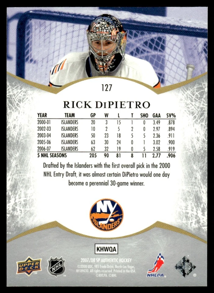2007-08 SP Authentic Rick DiPietro 0021/1999 New York Islanders #127 - Image 2 of 2