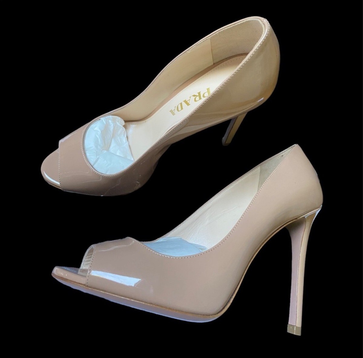 100% Authentic PRADA Peep Toe Nude Patent Leather Pumps Size NIB