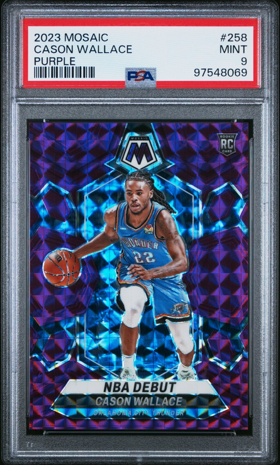 2023-24 Panini Mosaic #258 Cason Wallace RC Purple /99 PSA 9 MINT Thunder Rookie