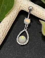 Opal Glitter Center Tear Drop Dangle Belly Button Ring Navel Naval (w1389)