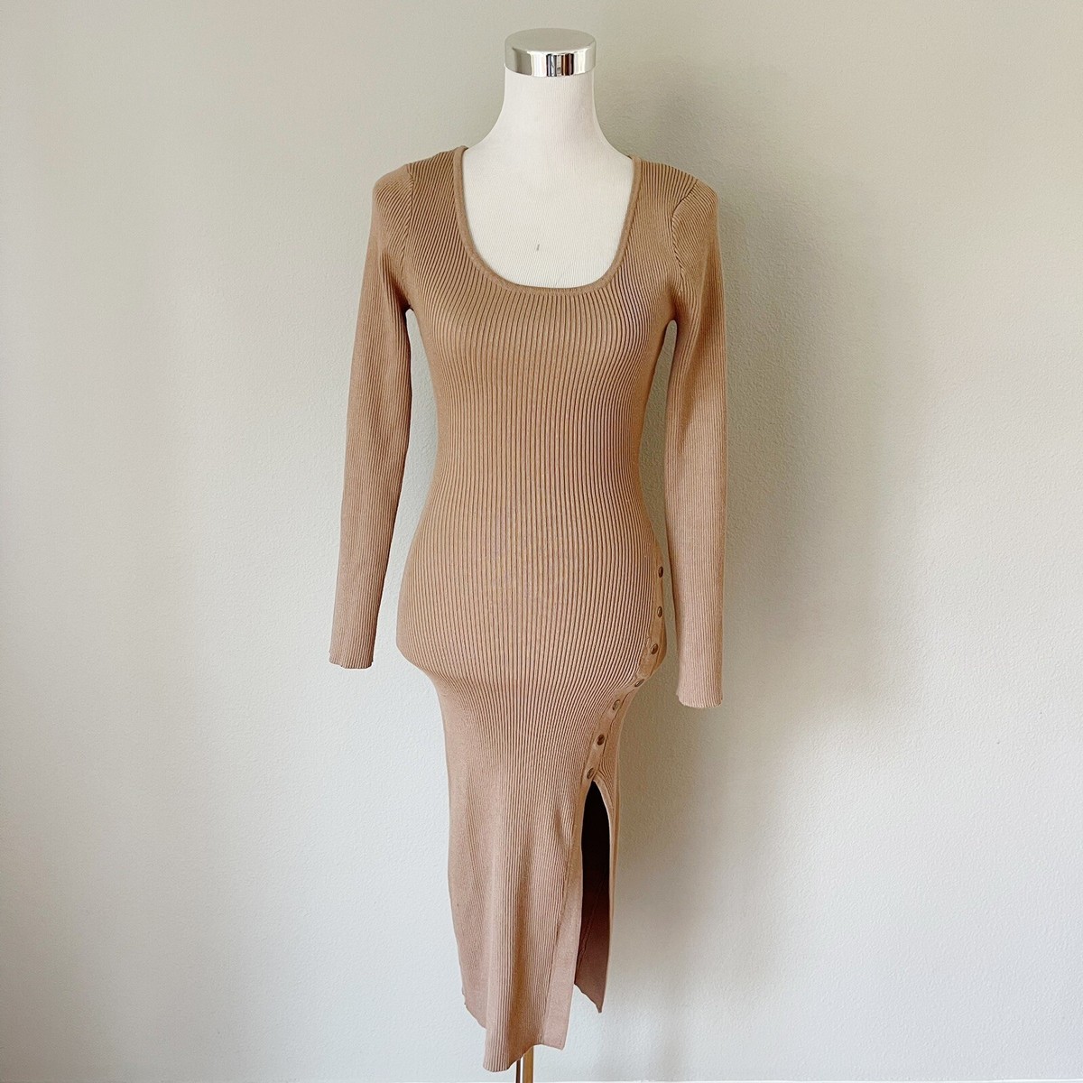 taupe ribbed dress Women's Taupe Ribbed Bardot Button Down Maxi Dress
