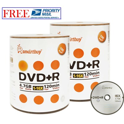 200 Pack Smartbuy 16X DVD+R 4.7GB Branded Logo Top Data Video Blank Record Disc