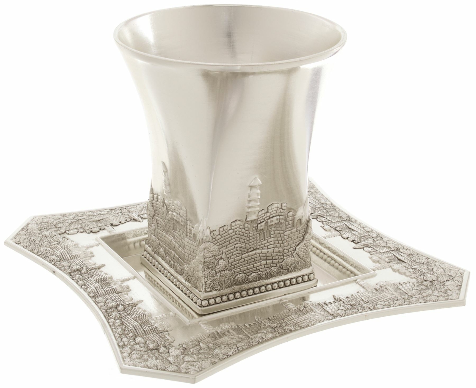Silver Plated Kiddush Wine Cup and Coaster Jerusalem Design 8.7cm Shabbat