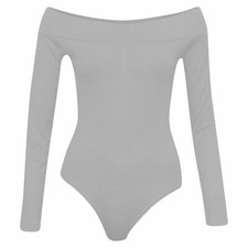 Ladies Womens Off Shoulder Long Sleeve Top Plain Stretch Bardot Bodysuit Leotard
