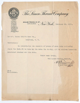 The Linen Thread Co. NYC 1905 Letterhead to Henry Hall & Sons, NY Fishing (#2)