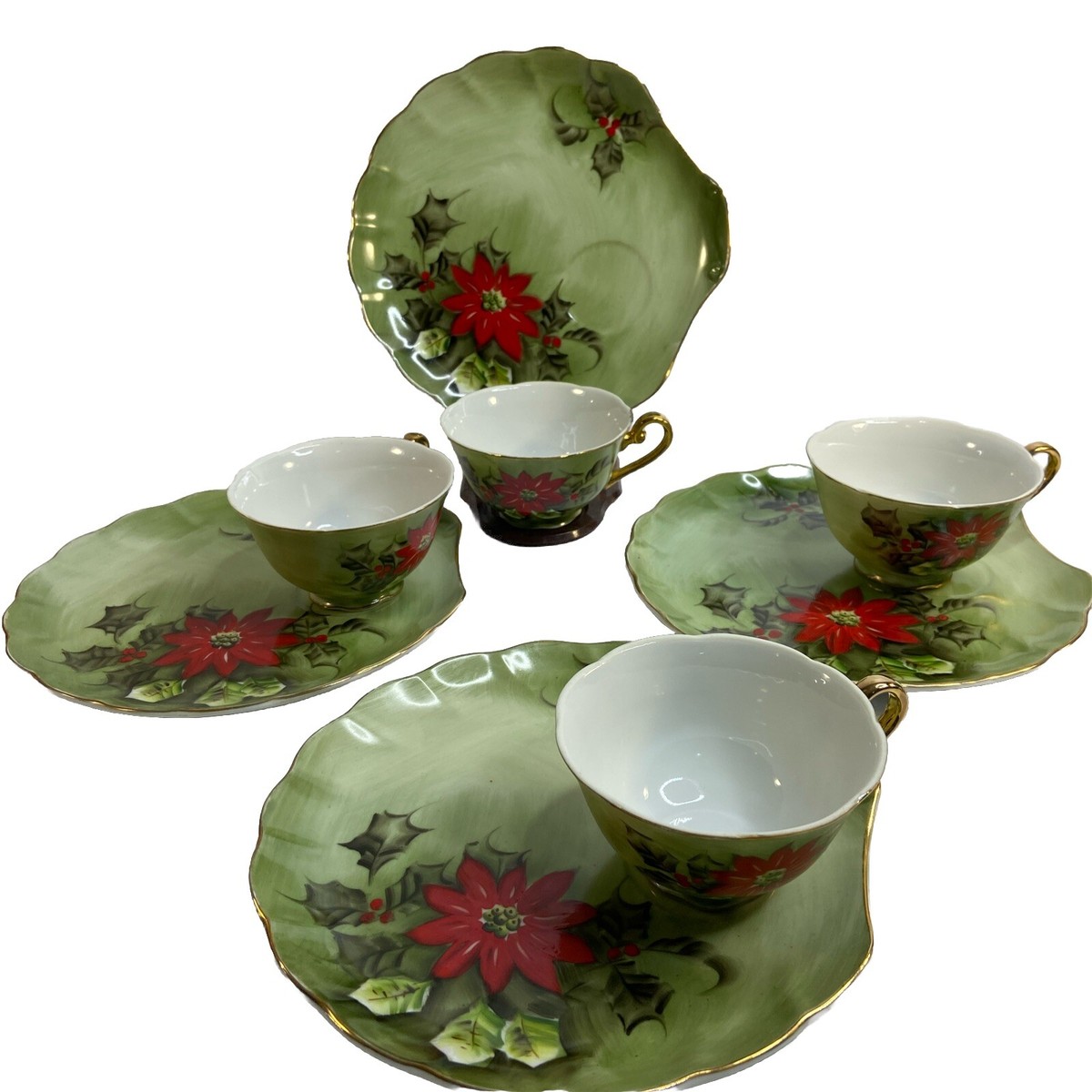 Lefton Limited Edition Poinsettia Snack Plate Tea Cup Set of 4