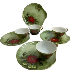 Lefton Limited Edition Poinsettia Snack Plate Tea Cup Set of 4 Hand Painted Xmas