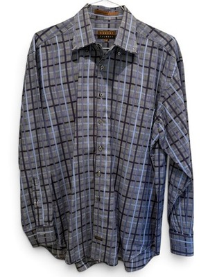 Robert Talbott Men's L Blue Gray Black Plaid Long Sleeve Button-Up Shirt