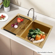 304 Stainless Steel Modern Gold Double Bowl Kitchen Sink W/ Drainage Grids SALE