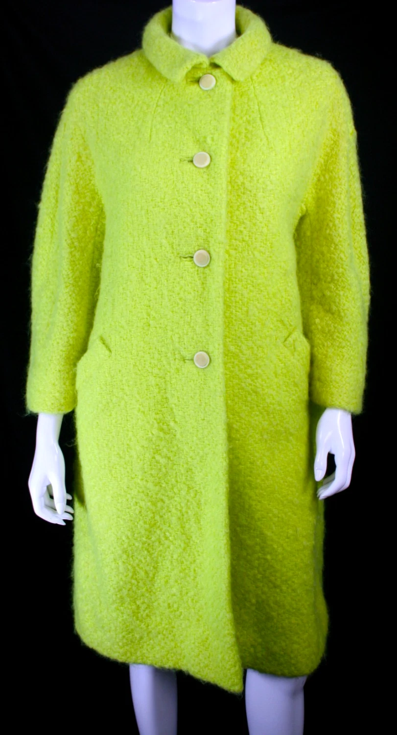 I. MAGNIN & CO. Vintage Fluorescent Yellow-Green Wool Tweed Button-Front Coat S