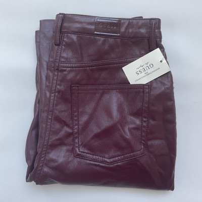 Guess Women s Kelly Faux Leather Jeans  Straight Fit In Burgundy s Size 27