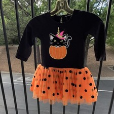Halloween Cat Pumpkin Dress Black Orange Long Sleeve Girls Costume