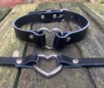 Real leather heart ring choker necklace 10mm or 19mm wide choice of 13 colours