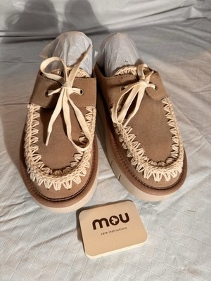 Mou Women's Beige Cream Suede Comfort Lace Up Casual Loafer Shoes EU 37