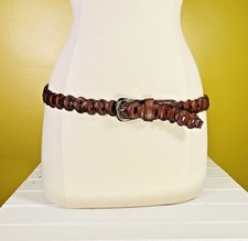 Brown Genuine Woven Leather Belt Vintage Brass Buckle Woven 1980s Belt 37-38"