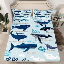 Whale Fitted Sheet Twin for Boys Girls, Coastal Animal Bedding Set, Beach Oce...