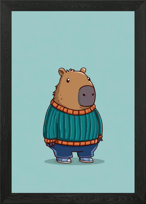 Cartoon Capybara in Sweater and Pan Framed Wall Art Poster Canvas Print Picture