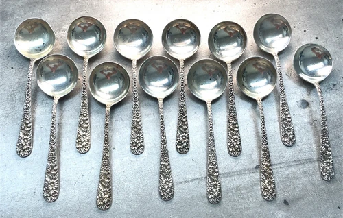 12pc Vintage S. Kirk & Son Sterling Silver Repousse  Bullion Spoon