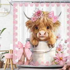 Pink Bow Highland Cow Western Funny Cute Rustic Bathroom Shower Curtain Set  72
