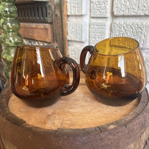 Vintage (2) Amber Glass Mugs Handblown Glass Cups Angled Slanted Blenko Tumblers