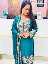 Classic Look Chinon Silk Top Palazzo With Teal Blue Dupatta For Women Party